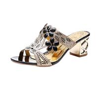 Womens Rhinestones Sandals Mid Block Heels Slippers Wide Fit Open Toe Shoes Sandal Sliders Elegant Beaded Crystals Sparkling Slides Slipper Wedding Party Glitter Pumps Summer Beach Bohemian Footwear