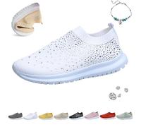Women's Rhinestones Slip On Shoes, Orthopedic Comfortable Casual Bling Sparkly Sneakers, Knit Breathable Lightweight Tennis Walking Nurse Shoes (White,36 EU)
