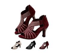 Women's Rhinestones Sparkle Dance Shoes Pointed Toe Sequin Kitten High Heel Sandals Peep Toe Boho Cut Out Sandals Sparkly Gladiator Sandal (Red,6.5)