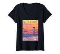 Womens Rhode Island Newport Bridge and Harbor Skyline Retro Travel V-Neck T-Shirt