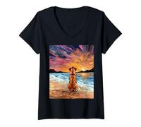 Women's Rhodesian Ridgeback Starry Night Dog at The Beach Artwork V-Neck T-Shirt