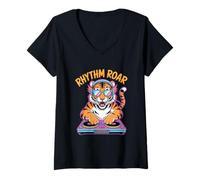Womens Rhythm Roar DJ Tiger Spin Party Vibes V-Neck T-Shirt