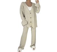 Womens Rib Knitted 4 Buttons Cardigans And Palazzo 2 Pcs Tracksuit Ladies Long Sleeve V Neck Sweater Top With Wide Leg Trouser Loungewear Suit Set (UK, Numeric, 8, 10, Regular, Regular, Beige)