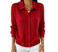 Women's Ribbed Cardigan Ladies Polo Collar Button Front Knitted Jumper | Soft stretch rib knit; polo collar; full button front; relaxed drop shoulders; long sleeves; versatile spring autumn layering