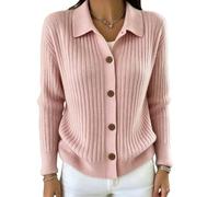Women's Ribbed Cardigan Ladies Polo Collar Button Front Knitted Jumper | Soft stretch rib knit; polo collar; full button front; relaxed drop shoulders; long sleeves; versatile spring autumn layering