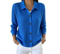 Women's Ribbed Cardigan Ladies Polo Collar Button Front Knitted Jumper | Soft stretch rib knit; polo collar; full button front; relaxed drop shoulders; long sleeves; versatile spring autumn layering