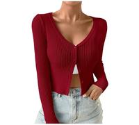 Women's Ribbed Knit Button Down V Neck Lightweight Cropped Cardigan Sweater Jumpers for Women UK Red