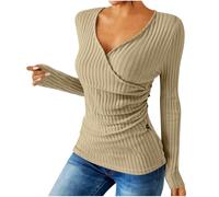 Women's Ribbed Knit Jumper Elegant Wrap V-Neck Tops Ladies Long Sleeve Slim-Fit Blouse Ruched Solid Color Shirt Womens Casual Office Work Jumpers Everyday Wear Soft Stretchy Pullover Sweater Khaki