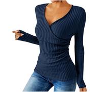 Women's Ribbed Knit Jumper Elegant Wrap V-Neck Tops Ladies Long Sleeve Slim-Fit Blouse Ruched Solid Color Shirt Womens Casual Office Work Jumpers Everyday Wear Soft Stretchy Pullover Sweater Navy