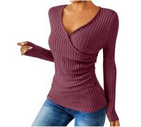 Women's Ribbed Knit Jumper Elegant Wrap V-Neck Tops Ladies Long Sleeve Slim-Fit Blouse Ruched Solid Color Shirt Womens Casual Office Work Jumpers Everyday Wear Soft Stretchy Pullover Sweater Wine