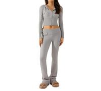 Women's Ribbed Knit Two Piece Long Sleeve Slim Fit Loungewear and High Waist Wide Leg Leggings Set (B-Gray, S)