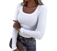 Women's Ribbed Long Sleeve Tops Square Neck Fitted Knit Undershirts Basic Casual Stretch Layering Tees Shirt Women Long Sleeve Shirt