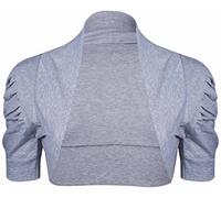 Womens Ribbed Ruched Gathered Short Sleeve Ladies Front Open Fit Cardigan Bolero Shrug Top Light Grey Size 12 - 14