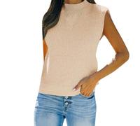 Women's Ribbed Sweater Vest,Knitted Sleeveless High Neck Jumpers Tank Top,Solid Color Slim Fit Gilets Streetwear,Retro Casual Knitwear Pullovers Waistcoat Vintage Sweatshirts Beige