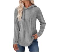 Women's Ribbed V-Neck Pullover - Autumn Knitted Sweater with Hood, Long Sleeve Casual Top, Stretchy Comfortable Loungewear Hood Long Sleeve Tops Grey
