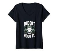 Womens Ribbit and Root It Frog Plant Lover V-Neck T-Shirt