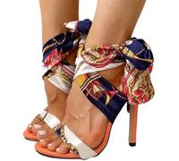 Women's Ribbon Tie Ankle Strap Heel Sandals Casual Sexy Floral Print Open Toe Pump One Word Belt Boho Stiletto High Heel Sandals 2.75 in (Color : Orange, Size : 6 UK)