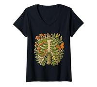 Womens Ribcage Goth Forest Tee Butterfly Slug Moss Skeleton Anatomy V-Neck T-Shirt