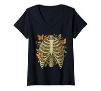Womens Ribcage Nature Tee Butterfly Slug Moss Goth Skeleton Anatomy V-Neck T-Shirt