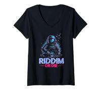 Womens Riddim Or Die Glitch Astronaut DJ Rave Techno V-Neck T-Shirt