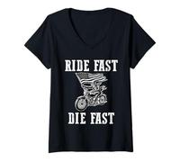 Womens Ride Fast Die Fast Skeleton Biker Patriotic Motorcycle Rider V-Neck T-Shirt