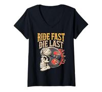 Womens Ride Fast Die Last Winged Skull Design V-Neck T-Shirt