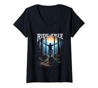 Women's Ride Free Biker in Scenic Mountain Landscape V-Neck T-Shirt