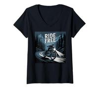 Womens Ride Free Midnight Mountain Motorcycle Adventure V-Neck T-Shirt