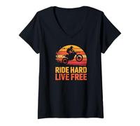 Women's Ride Hard Live Free Motocross Dirt Bike Sunset V-Neck T-Shirt