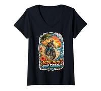 Women's Ride Into Your Dreams Tropical Motorcycle Rider Sunset V-Neck T-Shirt