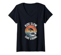 Womens Ride Slow Surf Strong Turtle Wave V-Neck T-Shirt