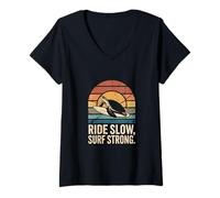 Womens Ride Slow Surf Strong Turtle Wave V-Neck T-Shirt