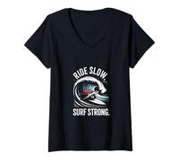Womens Ride Slow Surf Strong Turtle Wave V-Neck T-Shirt