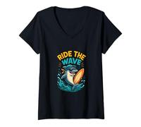 Womens Ride The Wave Dolphin Retro V-Neck T-Shirt