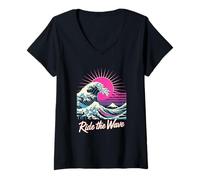 Womens Ride The Wave Retro Japanese Surf Sunset V-Neck T-Shirt