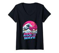 Womens Ride The Wave Retro Surf Ocean Sunset Vibes V-Neck T-Shirt