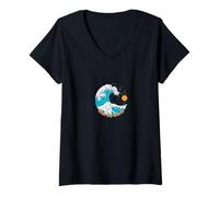 Womens Ride The Wave Retro Traditional Tattoo Art Beach Sunrise V-Neck T-Shirt