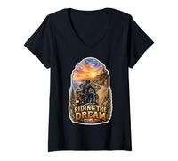 Women's Riding The Dream Motorcycle Rider Sunset V-Neck T-Shirt