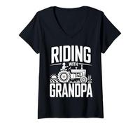 Women's Riding with Grandpa Tractor Farm V-Neck T-Shirt