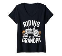 Women's Riding with Grandpa Tractor Farm V-Neck T-Shirt