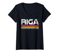Womens Riga Latvia Capital Retro Stripes Design V-Neck T-Shirt