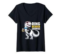 Women's Ring Bearer T-Rex Dinosaur Funny Wedding Party Ring Dino V-Neck T-Shirt