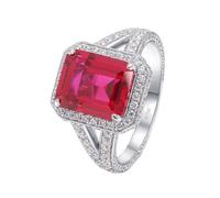 Womens Rings Love, Vintage Rings Aesthetic 4 Claws Rectangle Shaped with 4ct Ruby and Moissanite Silver Red 14K White Gold Size S 1/2
