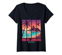 Women's Rio de Janeiro Brazil Retro Sunset Sugarloaf Mountain Beach V-Neck T-Shirt