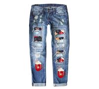 Women's Ripped Boyfriend Jeans Distressed Washed Christmas Patch Print Denim Trousers High Waisted Loose Fit Stretchy Xmas Pattern Fashionable Jean Ladies Destroyed Patchwork Streetwear