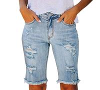 Womens Ripped Holes Knee Length Bermuda Denim Shorts Distressed Frayed Hem Midi Jeans Shorts with Pockets Light Blue