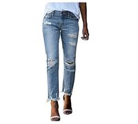 Womens Ripped Jeans Slim Fit Jogger Pants Denim Fabric Distressed Long Leggings Pants Women Solid Pockets Slim-Fit Skinny Denim Ripped Jeans Casual