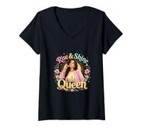 Women's Rise and Shine Queen Feminine Floral Crown Art V-Neck T-Shirt