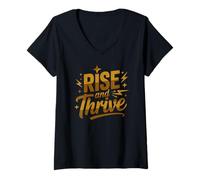 Women's Rise and Thrive Inspirational Quote Positive Mindset V-Neck T-Shirt