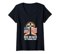 Womens Rise in Faith The Turning Point Patriotic Cross USA V-Neck T-Shirt